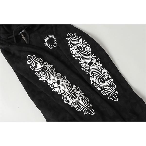  クロムハーツ コピー Chrome Hearts パーカー 売れ筋 ブラック 総柄 × フラワーモチーフ 存在感デザイン 2025秋冬コーデ