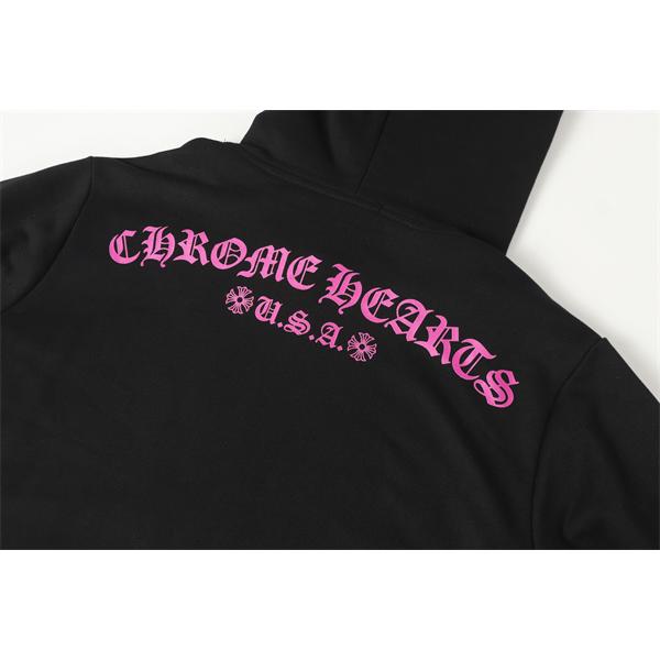 プレミアム感 ブラック ピンクフラワー刺繍 抜群 防寒仕様 2025秋冬定番 クロムハーツ コピー Chrome Hearts パーカー