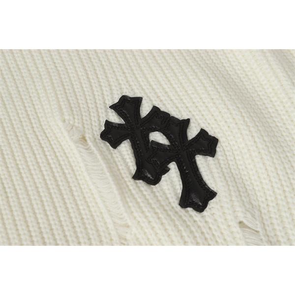 レアスタイル ホワイト ダメージ加工 クロス刺繍 2025秋冬対応 クロムハーツ 偽物 Chrome Hearts ニット