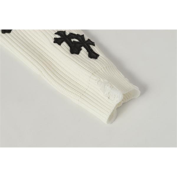 レアスタイル ホワイト ダメージ加工 クロス刺繍 2025秋冬対応 クロムハーツ 偽物 Chrome Hearts ニット