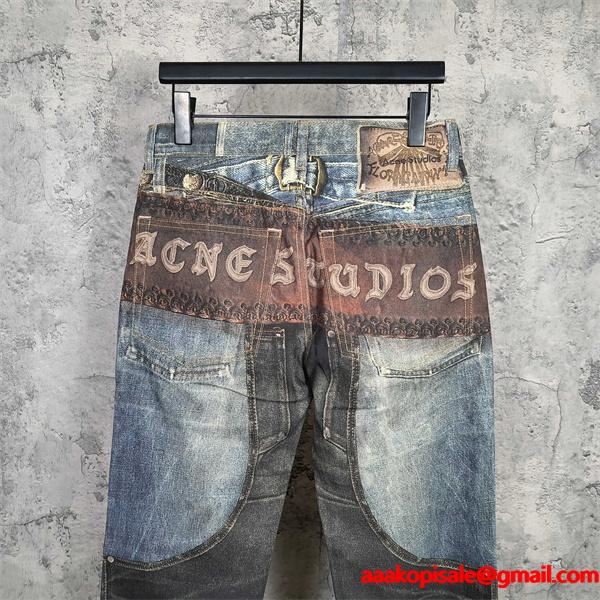 Acne Studios 激安 2010シリーズ 3Dプリント デニムパンツ ヴィンテージ加工 アート柄 メンズ ストレートジーンズ