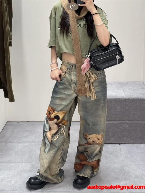 Acne Studios 激安 FW25 1981 テディベア 3Dプリント デニムパンツ 低腰 ワイドレッグ ユニセックス カジュアルデニム