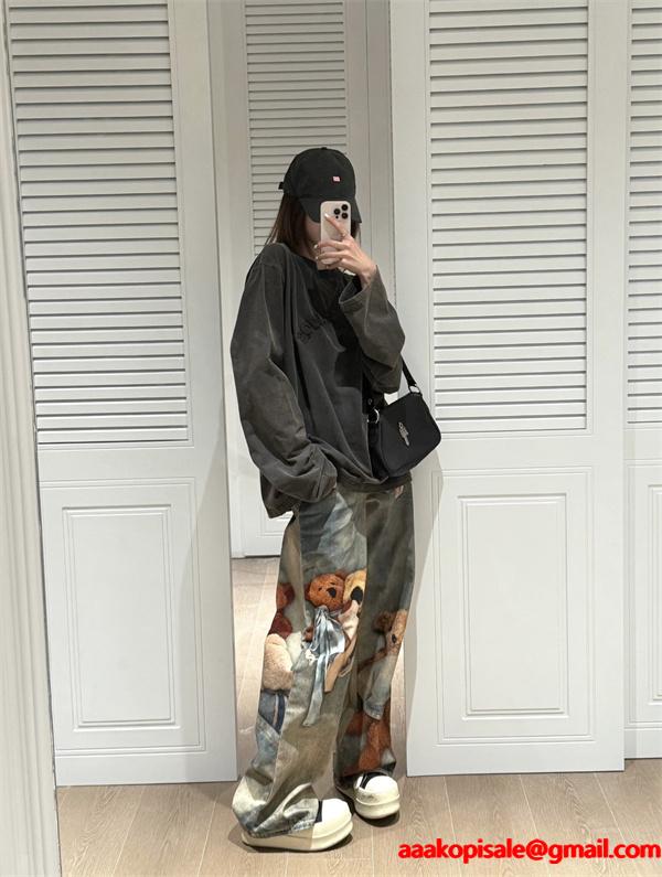 Acne Studios 激安 FW25 1981 テディベア 3Dプリント デニムパンツ 低腰 ワイドレッグ ユニセックス カジュアルデニム