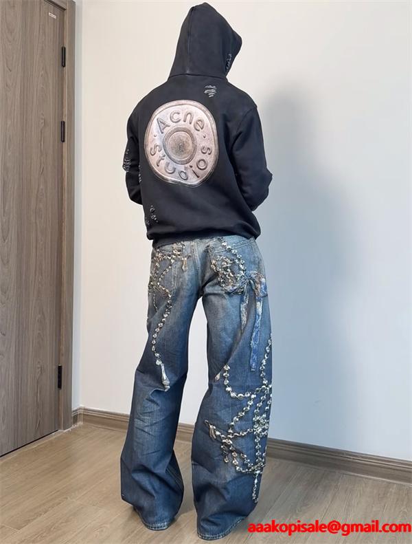 Acne Studios 激安 1981 水晶リボン トロンプルイユ 3Dデジタルプリント デニム 低腰 ワイド ユニセックス ジーンズ