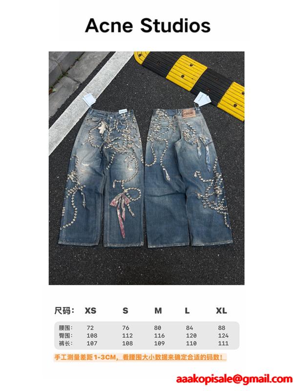 Acne Studios 激安 1981 水晶リボン トロンプルイユ 3Dデジタルプリント デニム 低腰 ワイド ユニセックス ジーンズ