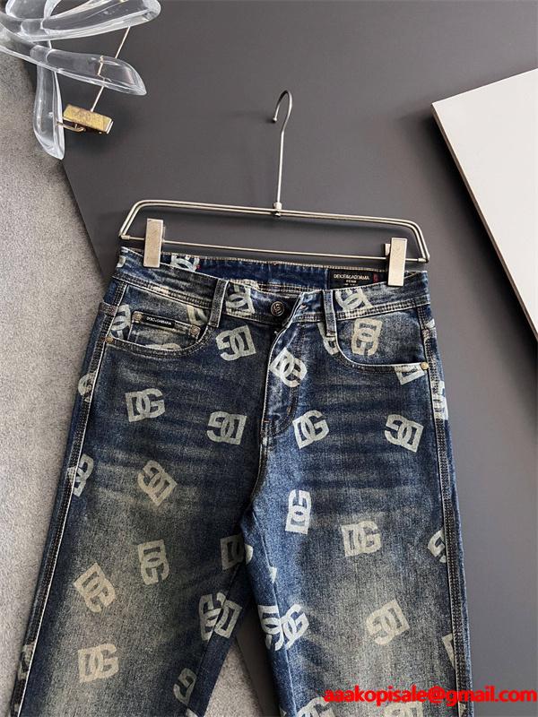 DOLCE&GABBANA 激安 総ロゴ デニム メンズ ジーンズ ヴィンテージウォッシュ ストレッチ素材 スリムカジュアル 高級感抜群