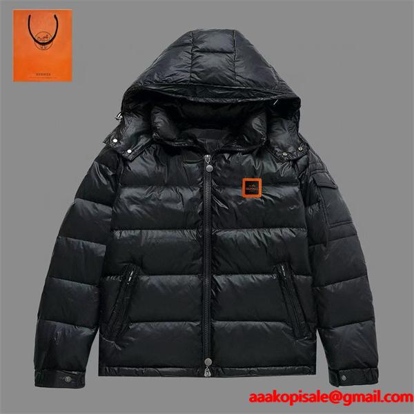  防寒 ブラック HERMES エルメス コピー ダウンジャケット アイコニックロゴ映え 暖か 高級感