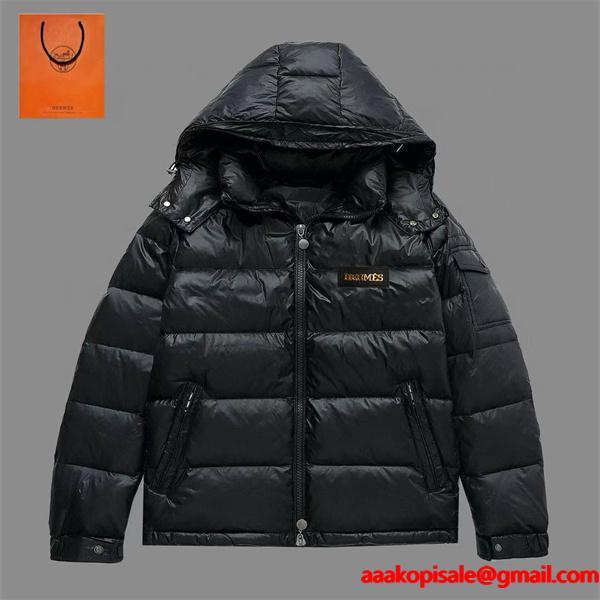 2025秋冬 オレンジロゴ 深色ブラック ダウンジャケット お洒落 トレンド注目 HERMES エルメス コピー