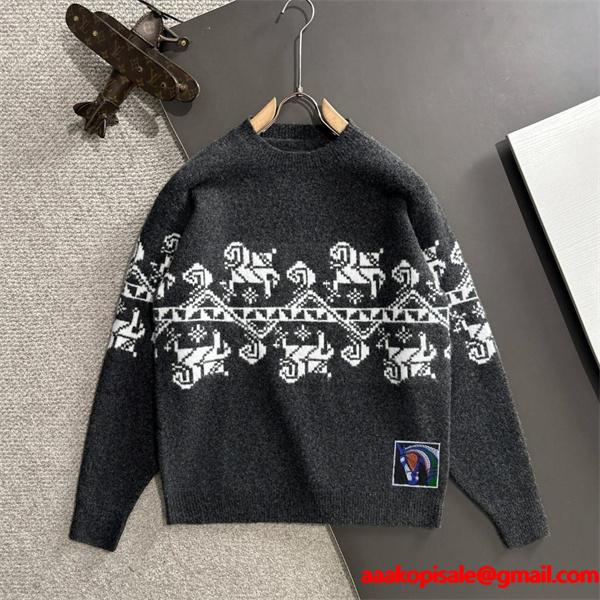 ふんわり グレー  HERMES エルメス コピー ニットセーター 高級ウール混 メンズ 上品 暖かい 柔らか 