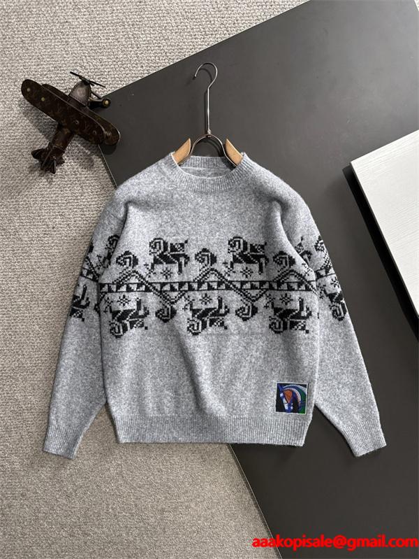 ふんわり グレー  HERMES エルメス コピー ニットセーター 高級ウール混 メンズ 上品 暖かい 柔らか 