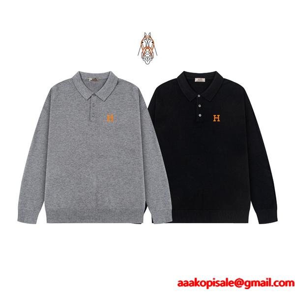 シック グレー＆ブラック 人気爆発 HERMES エルメス コピー ポロセーター 上品カジュアル 
