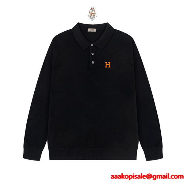 シック グレー＆ブラック 人気爆発 HERMES エルメス コピー ポロセーター 上品カジュアル 