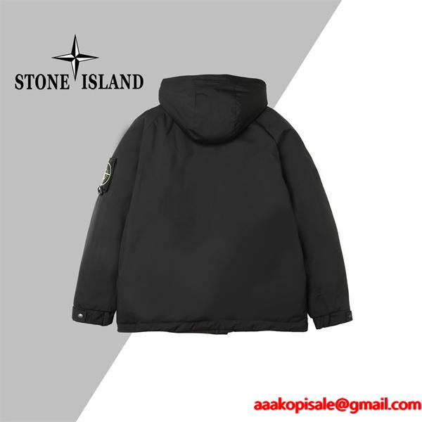 ブラック 高耐久素材 防風強化 ハイスペックフーデッド ダウンジャケット STONE ISLAND ストーンアイランド コピー 