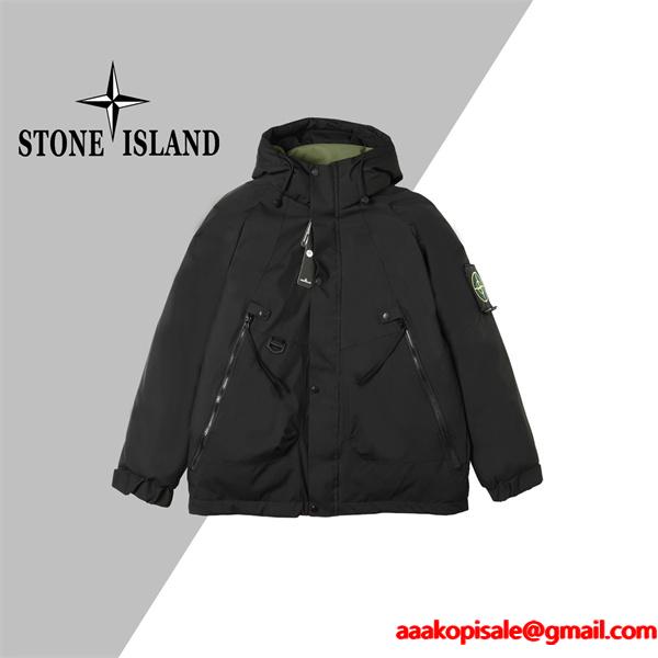 ブラック 高耐久素材 防風強化 ハイスペックフーデッド ダウンジャケット STONE ISLAND ストーンアイランド コピー 