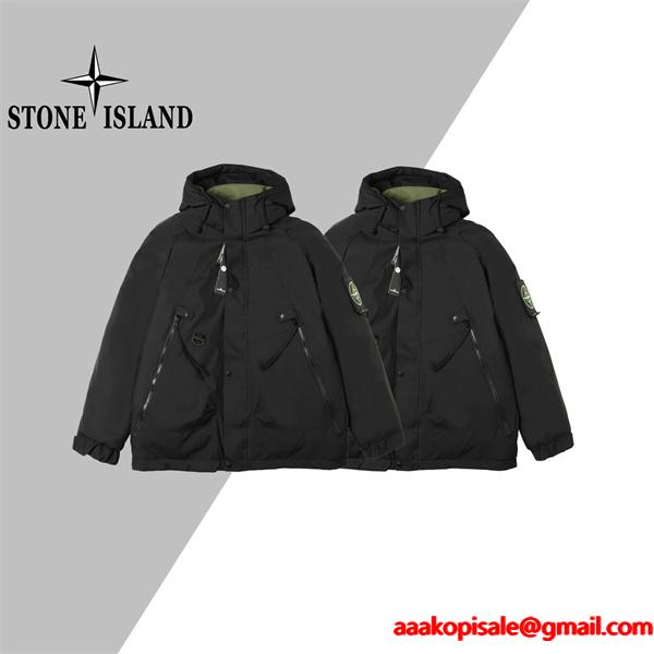 ブラック 高耐久素材 防風強化 ハイスペックフーデッド ダウンジャケット STONE ISLAND ストーンアイランド コピー 