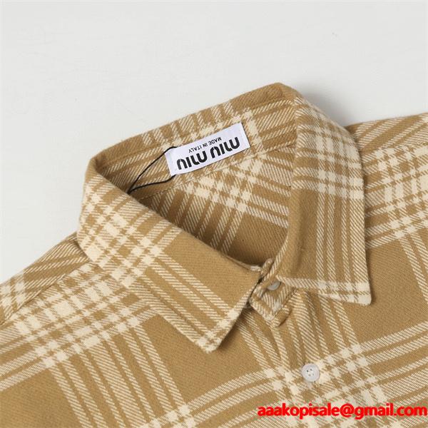 2025秋冬対応 起毛 キャメル チェック シャツ おすすめ MIUMIU ミュウミュウ コピー