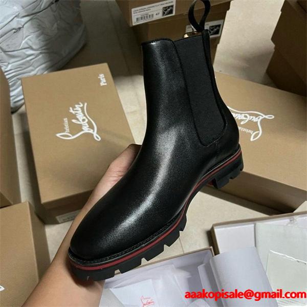 Christian Louboutin 激安 チェルシーブーツ メンズ レッドソール サイドゴアブーツ 尖頭 マーティンブーツ 本革 厚底 ブラック