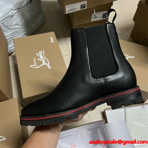 Christian Louboutin 激安 チェルシーブーツ メンズ レッドソール サイドゴアブーツ 尖頭 マーティンブーツ 本革 厚底 ブラック