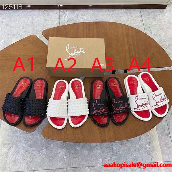 Christian Louboutin 激安 メンズ スタッズ装飾 レッドインソール スライドサンダル 刺繍ロゴ 高級ラグジュアリー シャワーサンダル