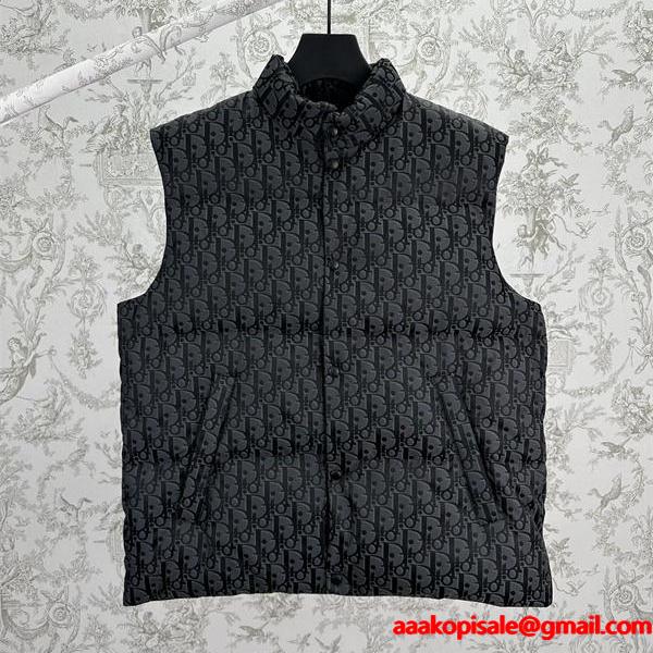 安定 人気 DIOR ディオール コピー ダウンベスト 総柄 ブラック メンズ 2025秋冬