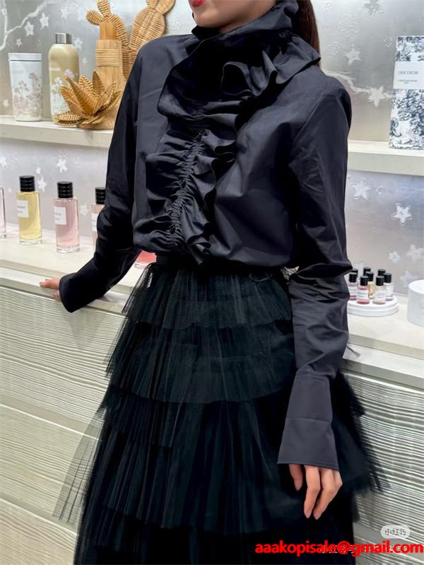 高級感溢れる フリルデザイン DIOR ディオール コピー シャツ ブラック お洒落コーデ