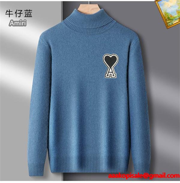 AMI PARIS アミ パリス コピー 2025秋冬 暖かい デニムブルー 定番 人気 ハイネック ニット