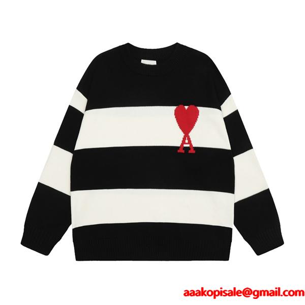  AMI PARIS アミ パリス コピー 2025秋冬 大人カジュアル グレー×ホワイト ニットセーター