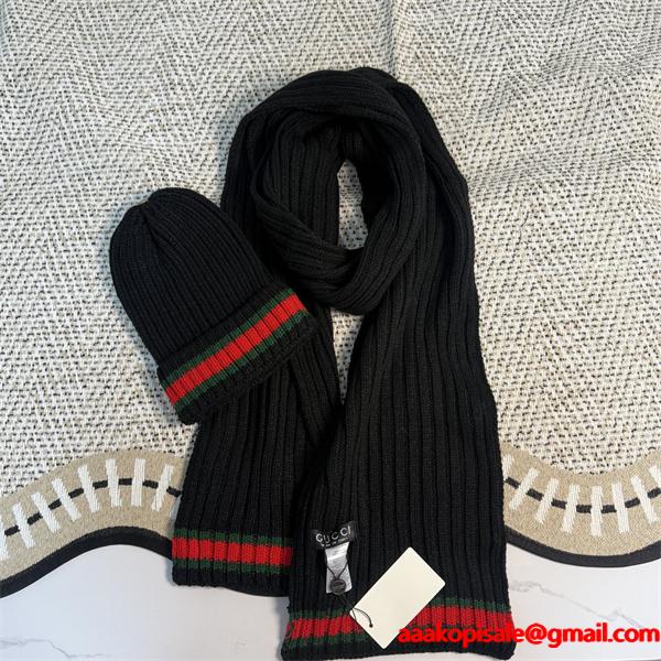GUCCI グッチ コピー ニットマフラー キャップセット ブラック 暖か素材 冬仕様