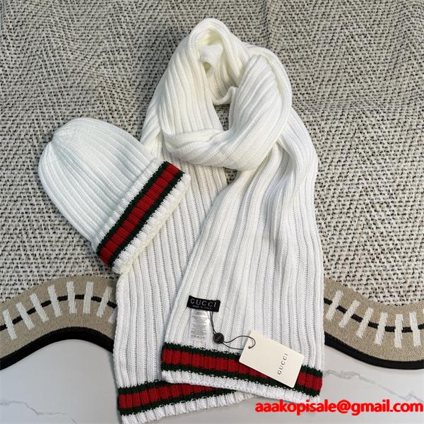 GUCCI グッチ コピー ニットマフラー キャップセット ブラック 暖か素材 冬仕様