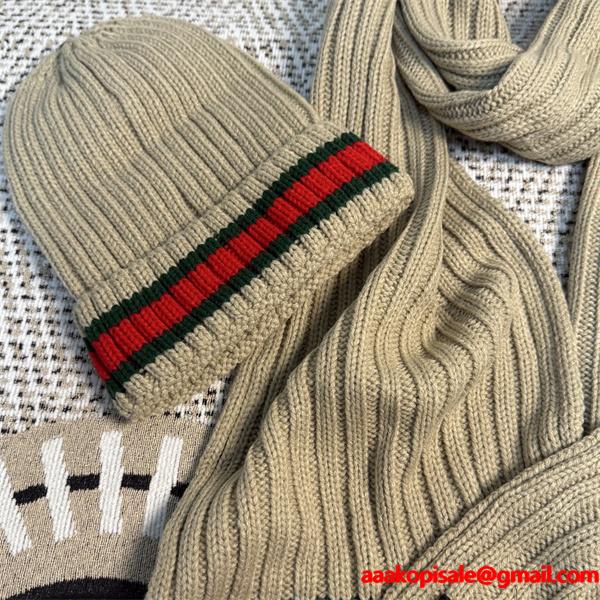 GUCCI グッチ コピー ニットマフラー キャップセット ブラック 暖か素材 冬仕様