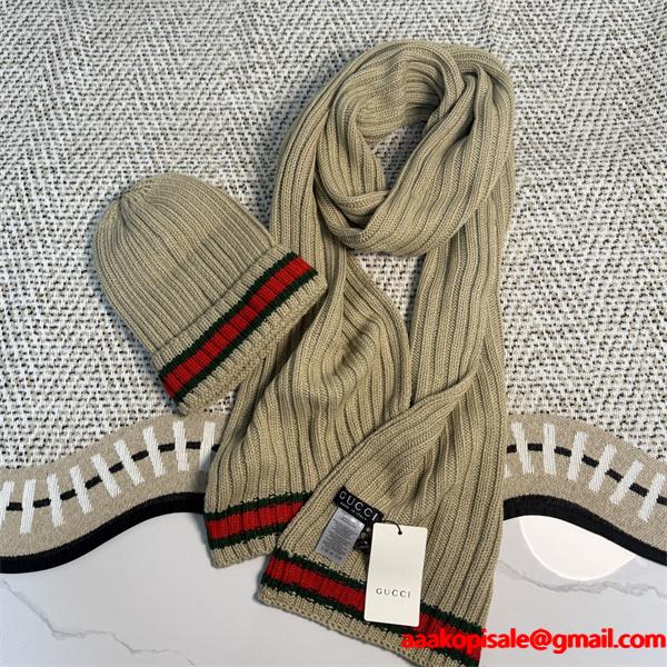 GUCCI グッチ コピー ニットマフラー キャップセット ブラック 暖か素材 冬仕様