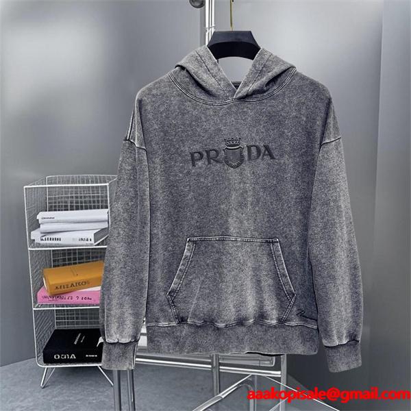 新登場 パーカー グレー 売れ筋 着心地抜群 カジュアル PRADA プラダ 偽物