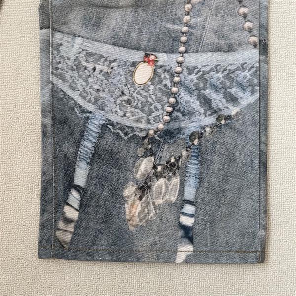 Acne Studios 激安 3Dレースジュエリープリント デニム ワイドストレート ユニセックス アートデザイン 水洗加工