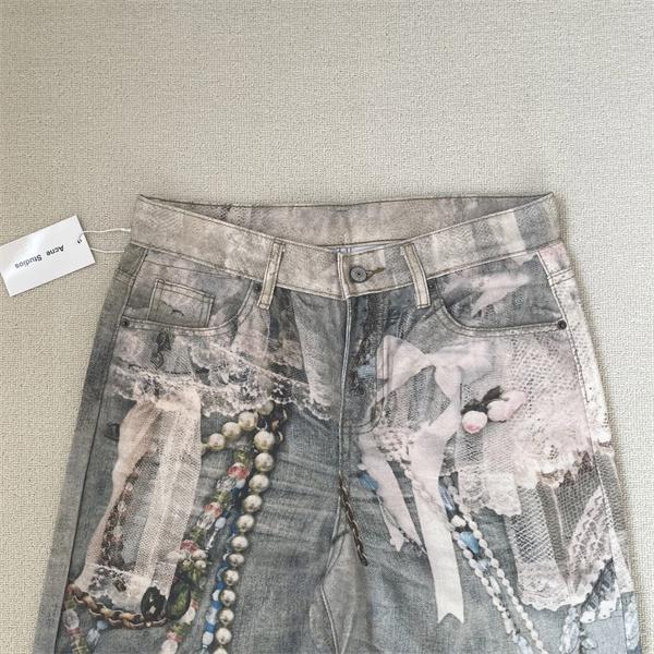 Acne Studios 激安 3Dレースジュエリープリント デニム ワイドストレート ユニセックス アートデザイン 水洗加工