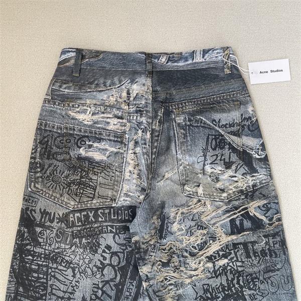 Acne Studios 激安 3Dダメージアート デニム ワイドストレート ユニセックス グラフィティ加工 水洗ビッグクラッシュ ジーンズ