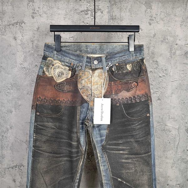Acne Studios 激安 2010シリーズ 3Dプリント デニムパンツ ヴィンテージ加工 アート柄 メンズ ストレートジーンズ