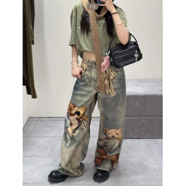 Acne Studios 激安 FW25 1981 テディベア 3Dプリント デニムパンツ 低腰 ワイドレッグ ユニセックス カジュアルデニム