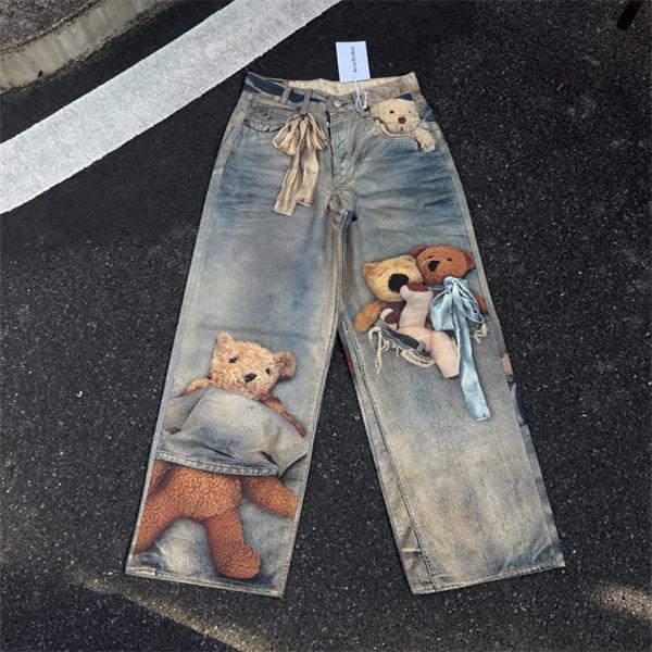 Acne Studios 激安 FW25 1981 テディベア 3Dプリント デニムパンツ 低腰 ワイドレッグ ユニセックス カジュアルデニム
