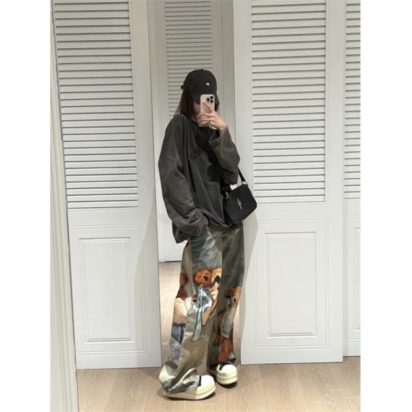 Acne Studios 激安 FW25 1981 テディベア 3Dプリント デニムパンツ 低腰 ワイドレッグ ユニセックス カジュアルデニム