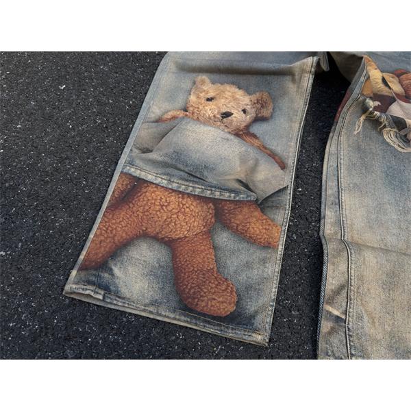 Acne Studios 激安 FW25 1981 テディベア 3Dプリント デニムパンツ 低腰 ワイドレッグ ユニセックス カジュアルデニム