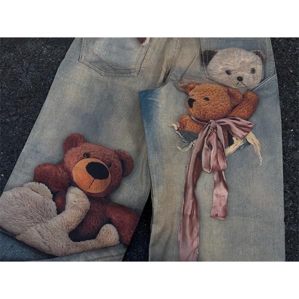 Acne Studios 激安 FW25 1981 テディベア 3Dプリント デニムパンツ 低腰 ワイドレッグ ユニセックス カジュアルデニム