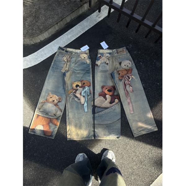 Acne Studios 激安 FW25 1981 テディベア 3Dプリント デニムパンツ 低腰 ワイドレッグ ユニセックス カジュアルデニム
