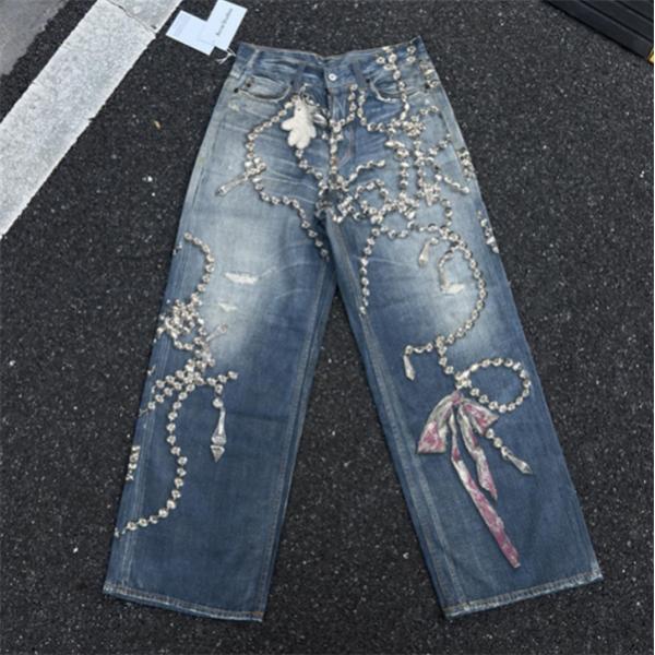 Acne Studios 激安 1981 水晶リボン トロンプルイユ 3Dデジタルプリント デニム 低腰 ワイド ユニセックス ジーンズ