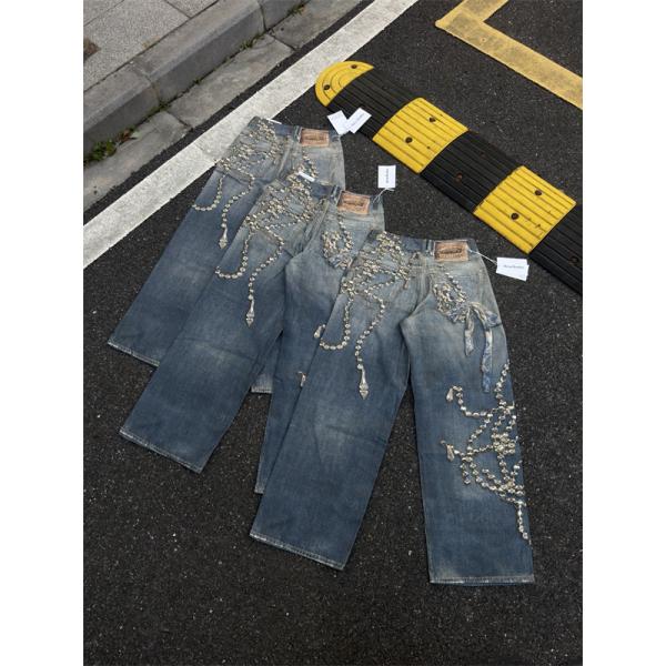 Acne Studios 激安 1981 水晶リボン トロンプルイユ 3Dデジタルプリント デニム 低腰 ワイド ユニセックス ジーンズ