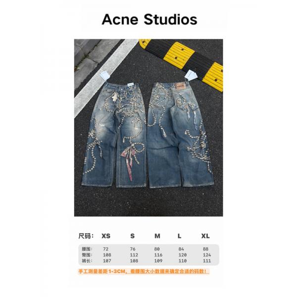 Acne Studios 激安 1981 水晶リボン トロンプルイユ 3Dデジタルプリント デニム 低腰 ワイド ユニセックス ジーンズ