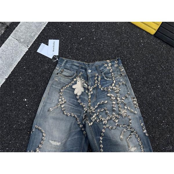 Acne Studios 激安 1981 水晶リボン トロンプルイユ 3Dデジタルプリント デニム 低腰 ワイド ユニセックス ジーンズ