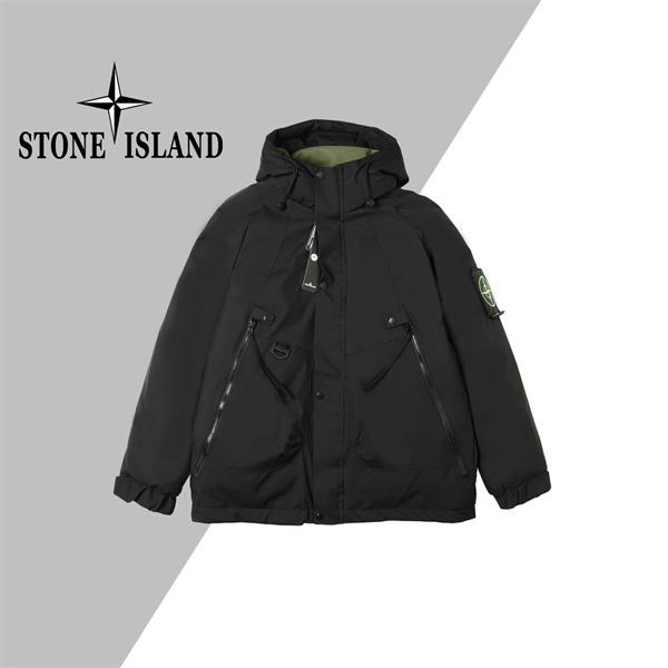 ブラック 高耐久素材 防風強化 ハイスペックフーデッド ダウンジャケット STONE ISLAND ストーンアイランド コピー 