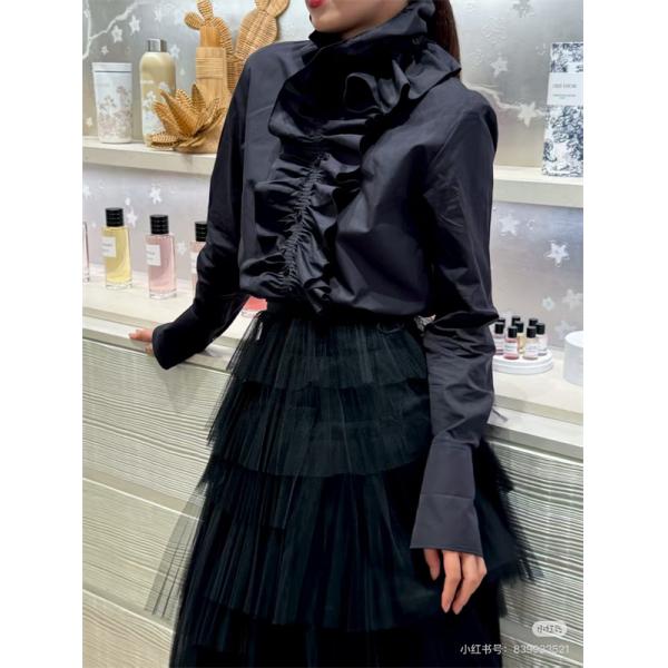 高級感溢れる フリルデザイン DIOR ディオール コピー シャツ ブラック お洒落コーデ