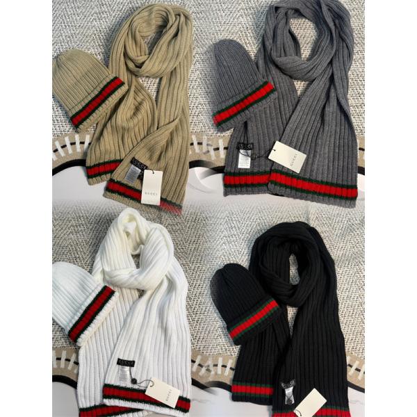 GUCCI グッチ コピー ニットマフラー キャップセット ブラック 暖か素材 冬仕様