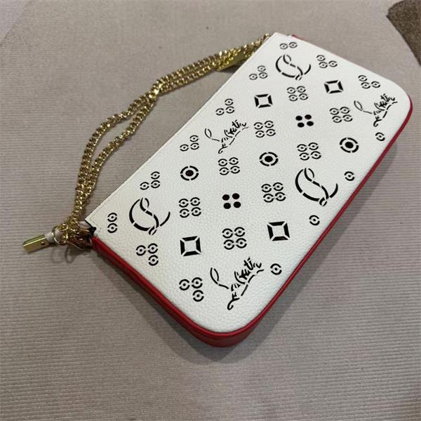 クリスチャンルブタン Christian Louboutin 激安 ホワイト 総柄ロゴ レザー チェーンショルダーポーチ スリム横長バッグ